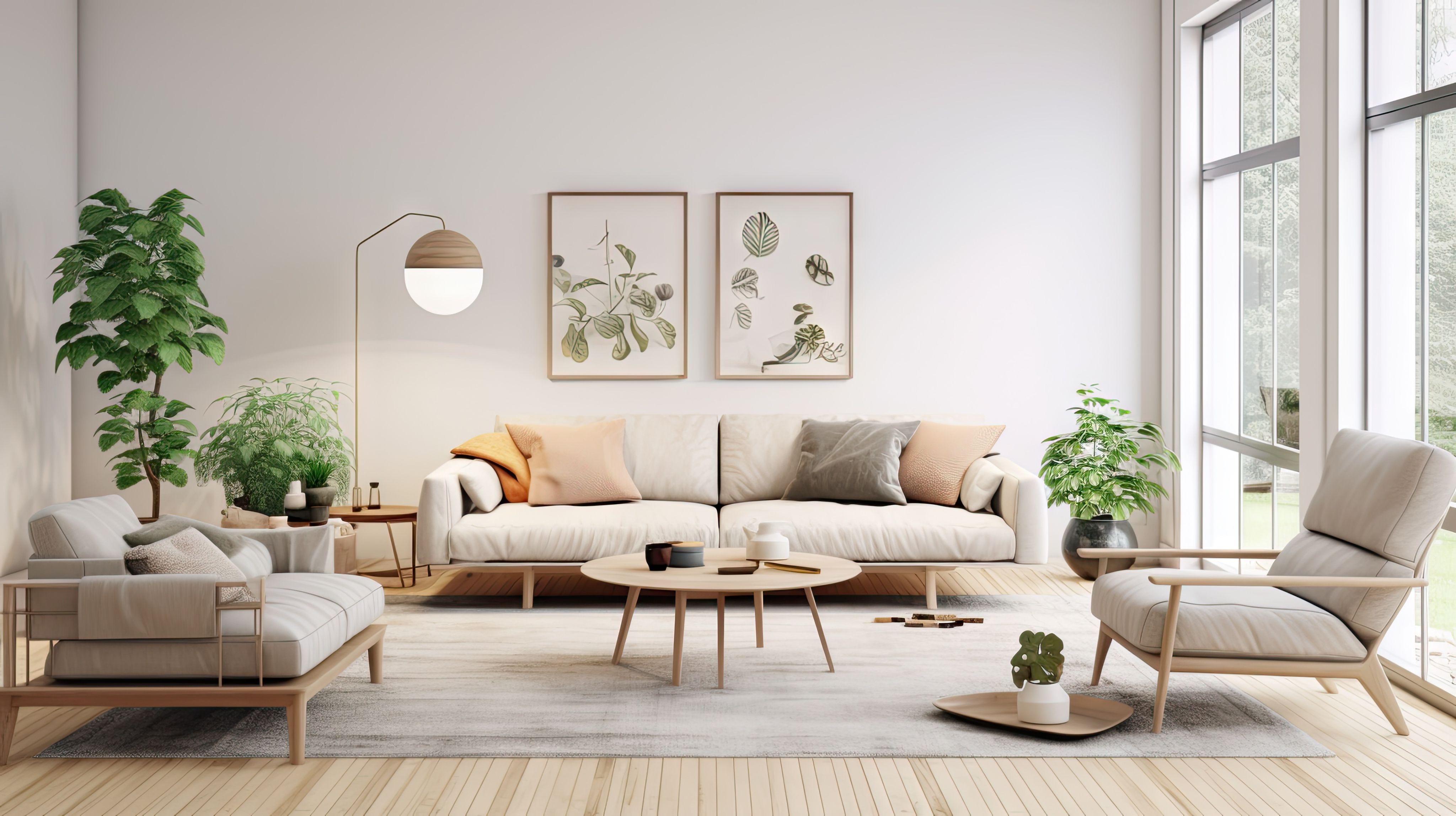 Background Image with a decorative green wall inside a house, a couch, and two plants on each side of the couch.